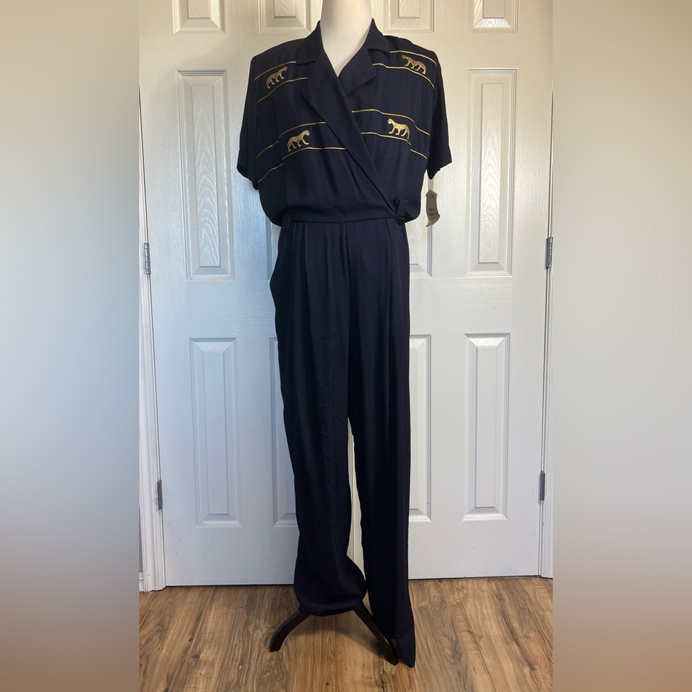 Vtg 80s Studio I Women’s Navy Blue Wrap Top Jumpsuit W Gold Embroidery Sz 20T